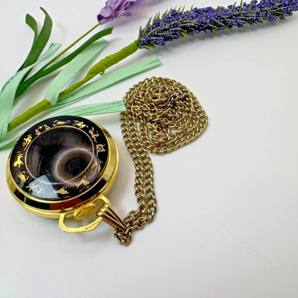 Vtg Genova Chain Pocket Watch Antimagnetic Phina Gold & Black Zodiac Astrology